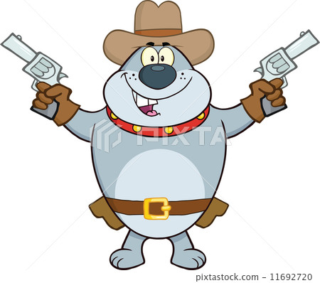Gray Bulldog Cowboy Cartoon Character Holding Up Two Revolvers Gray Bulldog Cowboy Cartoon Character Holding Up Two Revolvers 11692720
