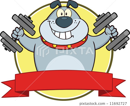 Gray Bulldog With Dumbbells Cartoon Mascot Label Gray Bulldog With Dumbbells Cartoon Mascot Label 11692727