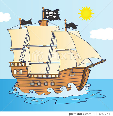 Pirate Ship Sailing Under Jolly Roger Flag 11692765