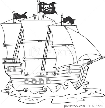 Black And White Pirate Ship Sailing Under Jolly Roger Flag Black And White Pirate Ship Sailing Under Jolly Roger Flag 11692770