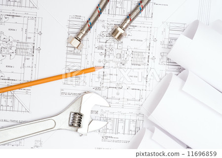 plumbing and drawings, construction still life plumbing and drawings, construction still life 11696859