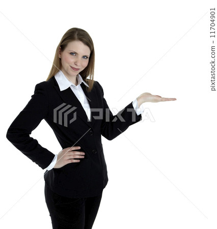 Business woman presenting something on the right side of the image. Isolated on white background. 11704901