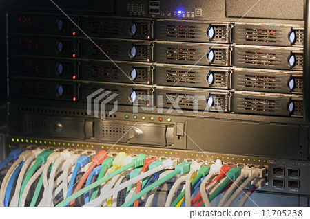 Network hub and server rack with connection cables with stripe light Network hub and server rack with connection cables with stripe light 11705238