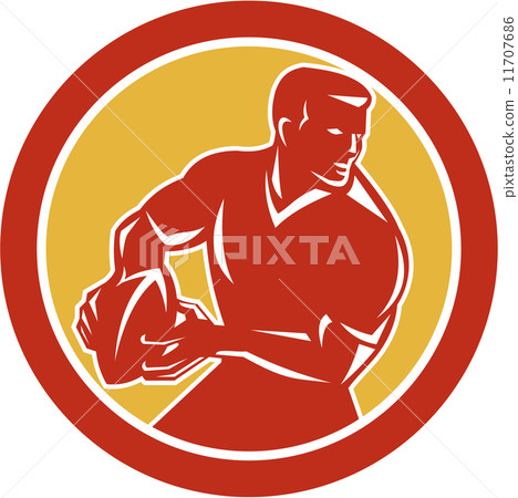 Rugby Player Passing Ball Circle Retro 11707686