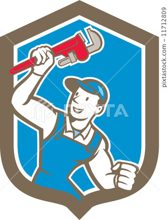 Plumber Holding Monkey Wrench Shield Cartoon 11712809