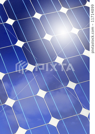 Solar panel closeup with sky and sun reflection 11714899