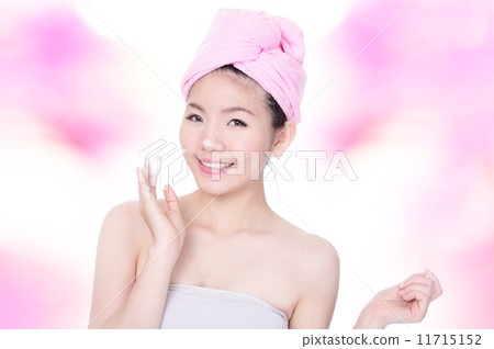woman happy washing face with foam on hands woman happy washing face with foam on hands 11715152