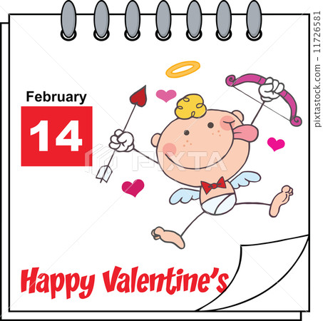 Happy Valentine's Day Calendar With Cute Cupid Flying With Bow And Arrow 11726581