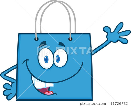 Smiling Blue Shopping Bag Cartoon Character Waving For Greeting 11726782