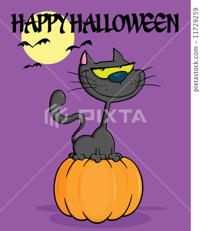 Halloween Cat On Pumpkin In The Night Cartoon Illustration 11729259