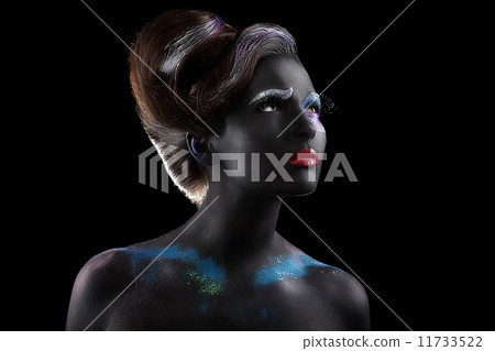 Fantasy. Artistry. Extravagant Woman with Creative Futuristic Bodyart 11733522