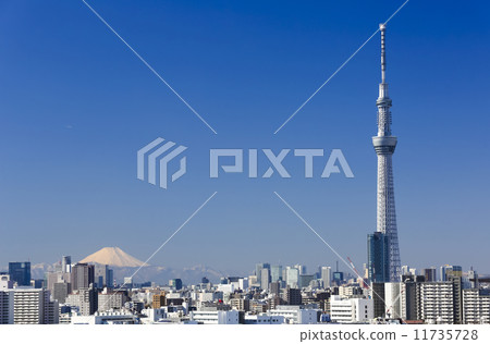 晴朗的天空·美麗的富士山和東京天空樹（兩架客機飛）203 11735728