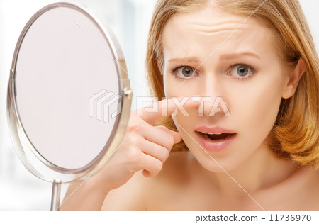 beautiful healthy woman frightened saw in the mirror acne and wrinkles beautiful healthy woman frightened saw in the mirror acne and wrinkles 11736970