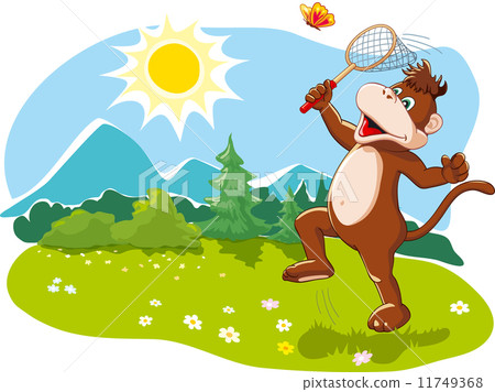 Funny cartoon monkey catching butterflies with a net, enjoying happy summer vacation, nature. Vector 11749368
