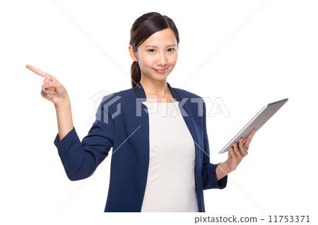 Businesswoman hold digital tablet and finger point out 11753371
