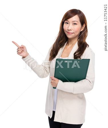 Woman with clipboard and finger point up Woman with clipboard and finger point up 11753421