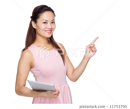 Woman finger point out with digital tablet Woman finger point out with digital tablet 11753793