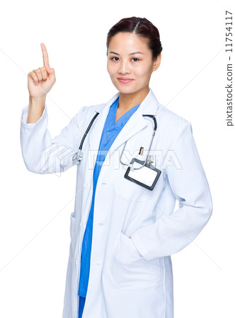 Asian woman doctor with finger point up Asian woman doctor with finger point up 11754117