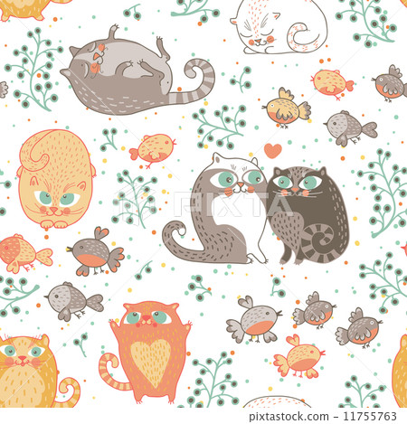 Seamless pattern with cats and birds - Stock Illustration [11755763 ...