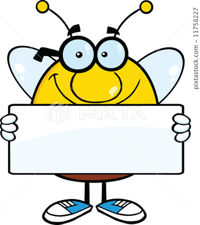 插图素材: smiling pudgy bee cartoon character holding a banner