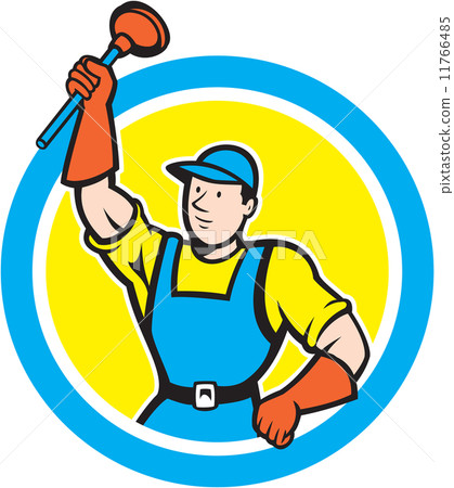 圖庫插圖: super plumber with plunger circle cartoon