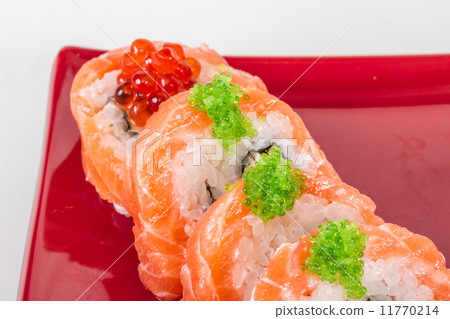Japanese sushi traditional japanese food.Roll made of salmon, re Japanese sushi traditional japanese food.Roll made of salmon, re 11770214