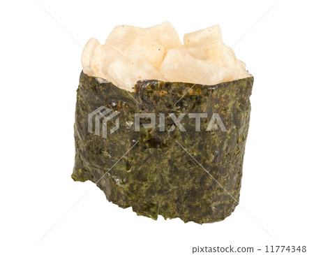 spice sushi hotate with sauced slices of scallop isolated on whi spice sushi hotate with sauced slices of scallop isolated on whi 11774348