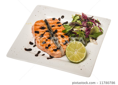 savory fish portion : roasted norwegian salmon fillet garnished 11780786
