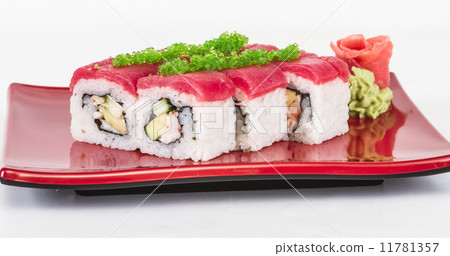 Maki Sushi - Roll made of Crab, avocado, cucumber inside. Fresh 11781357