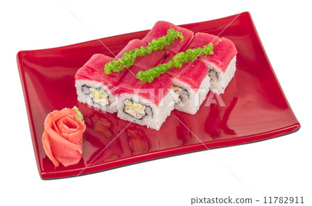 Maki Sushi - Roll made of Crab, avocado, cucumber inside. Fresh 11782911