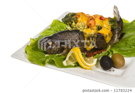trout fish baked with shrimps and cauliflower trout fish baked with shrimps and cauliflower 11783224