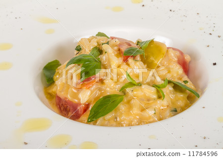photo of delicious risotto dish with herbs and tomato on white b photo of delicious risotto dish with herbs and tomato on white b 11784596