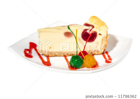 Closeup of a slice of cherry cheesecake on a white background 11786362