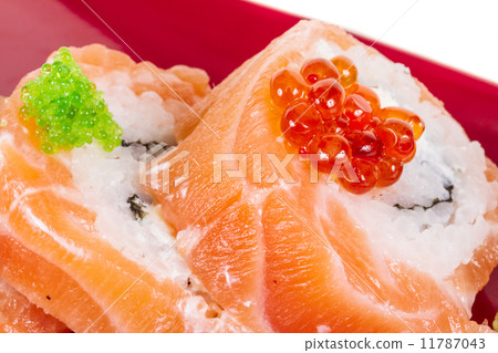 Japanese sushi traditional japanese food.Roll made of salmon, re Japanese sushi traditional japanese food.Roll made of salmon, re 11787043