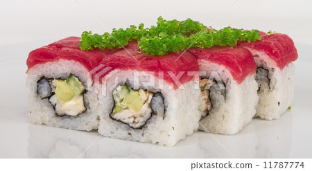 Maki Sushi - Roll made of Crab, avocado, cucumber inside. Fresh 11787774