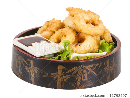Deep batter fried squid rings calamari with green salad 11792397