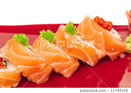 Japanese sushi traditional japanese food.Roll made of salmon, re Japanese sushi traditional japanese food.Roll made of salmon, re 11794108