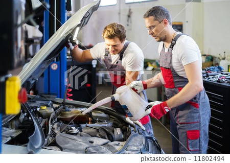Two mechanics adding oil level in a car workshop 11802494