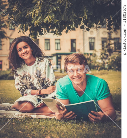 Multi ethnic students couple preparing for final exams in a city park 11802678