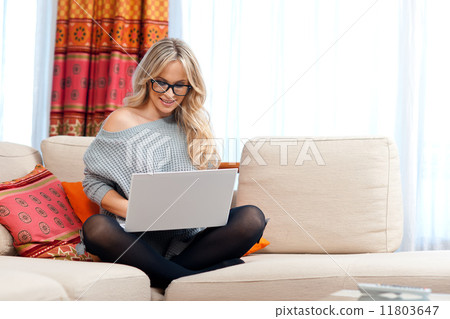 attractive woman with laptop in home attractive woman with laptop in home 11803647