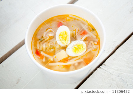 chicken soup with noodles and boiled eggs 11806422