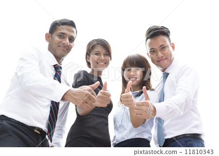 Successful young asian mixed race corporate executive showing off team work thumbs up  11810343