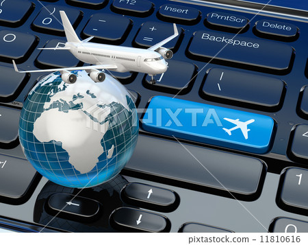Online ticket booking. Airplane and earth on laptop keyboard. 11810616