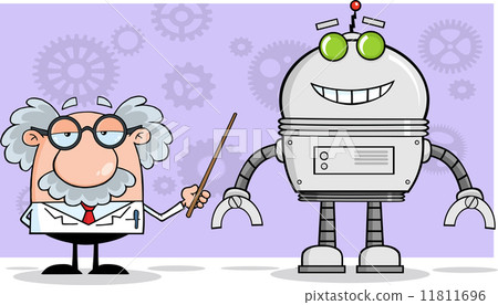 Scientist Or Professor Shows His Pointer A Big Robot Scientist Or Professor Shows His Pointer A Big Robot 11811696