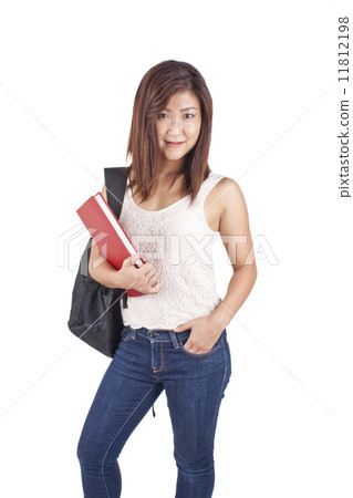 Beautiful Asian girl carrying backpack and book 11812198
