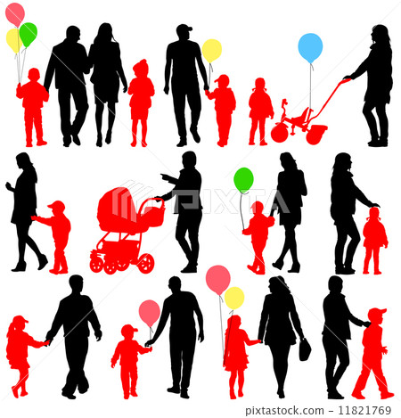 Black set of silhouettes of parents and children with balloons o 11821769