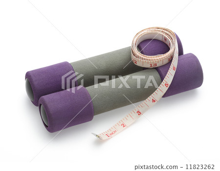 Two dumbbell and measure tape isolated on white background Two dumbbell and measure tape isolated on white background 11823262