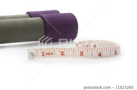 Two dumbbell and measure tape isolated on white background Two dumbbell and measure tape isolated on white background 11823265