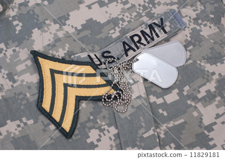 us army uniform period with blank dog tags and sergeant rank patch 11829181