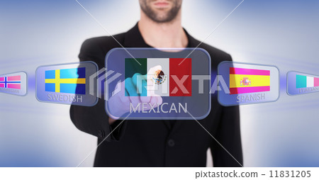 Hand pushing on a touch screen interface Hand pushing on a touch screen interface 11831205